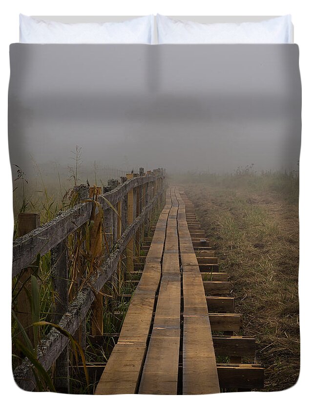 Mist Duvet Cover featuring the photograph September mist HDR - foggy day over walk way by Leif Sohlman