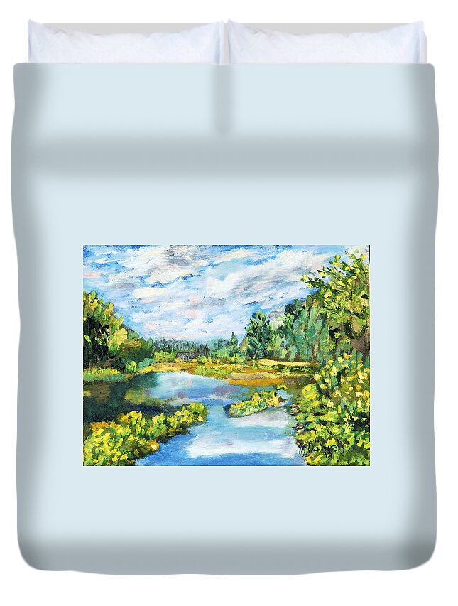 Water Pond Sky Reflections Clouds Summer Duvet Cover featuring the painting Serene Pond by Michael Daniels