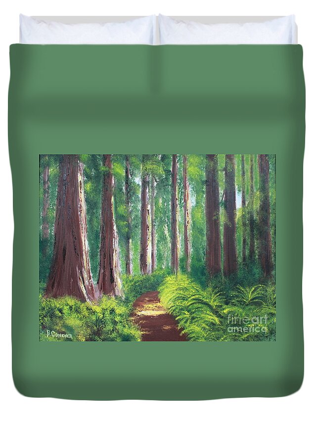 Redwoods Duvet Cover featuring the painting Serenity Forest by Bev Conover