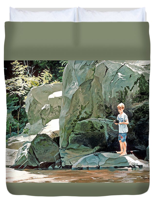 Fishing Duvet Cover featuring the painting Serious Fishin' by Lynn Hansen
