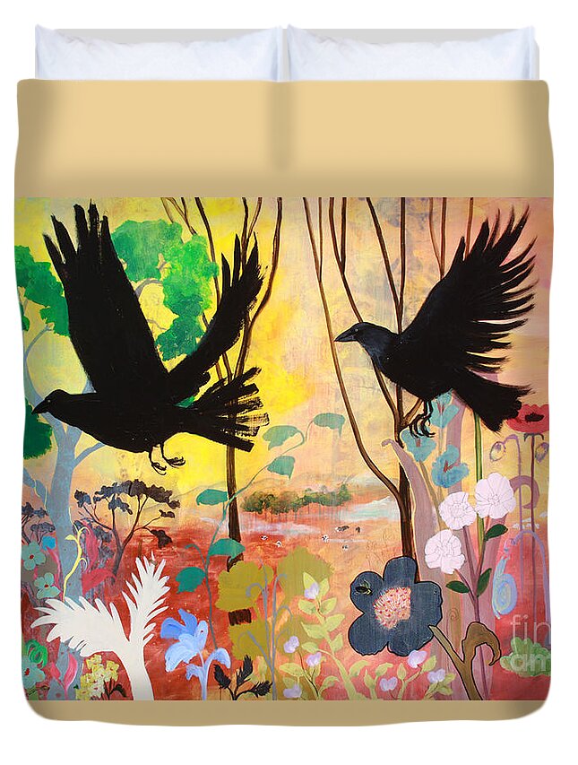 Crows Duvet Cover featuring the painting Seven Circling Crows by Robin Pedrero