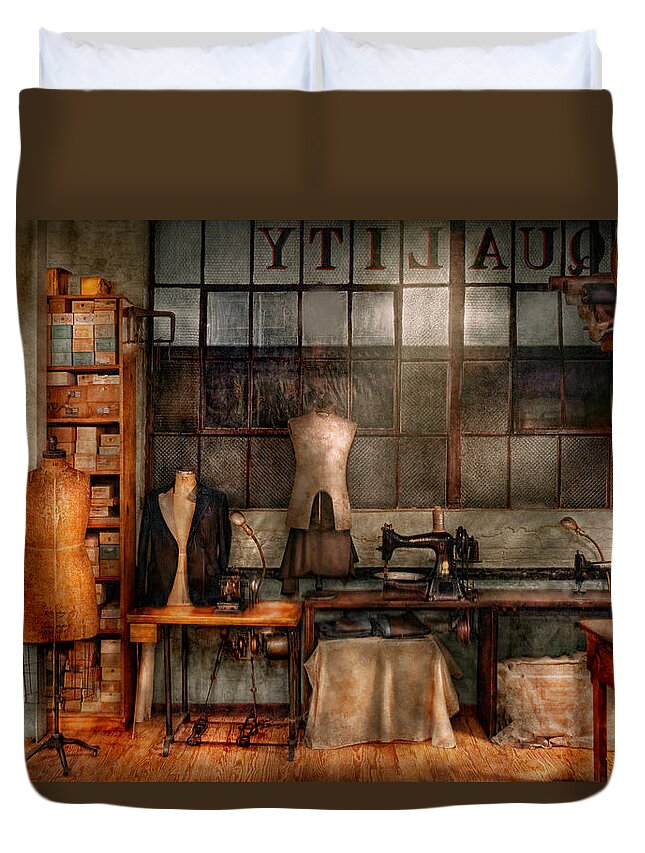 Seamstress Duvet Cover featuring the photograph Sewing - Industrial - Quality Linens by Mike Savad