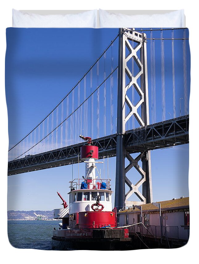 San Francisco Duvet Cover featuring the photograph SFFD Guardian Fireboat Number 2 At The Bay Bridge on The Embarcadero DSC01842 by Wingsdomain Art and Photography