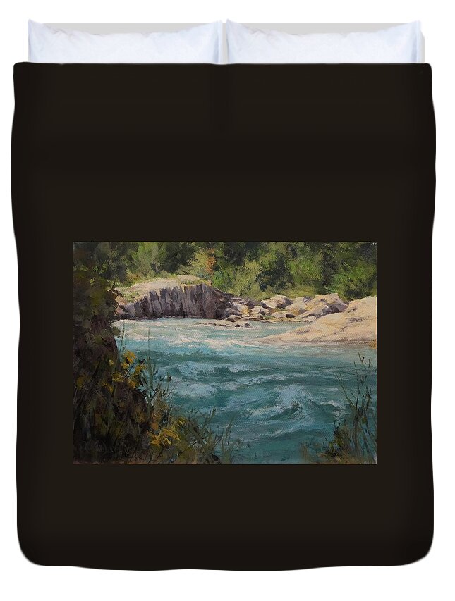 Original Duvet Cover featuring the painting Shady River by Karen Ilari