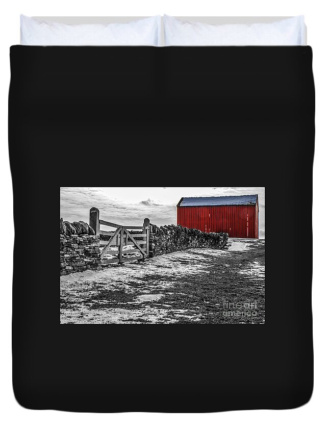 M C Story Duvet Cover featuring the photograph Shakertown Red Barn - SC by Mary Carol Story