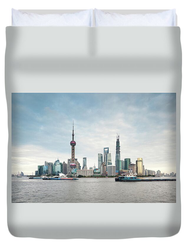 The Bund Duvet Cover featuring the photograph Shanghai Pudong Skyline At Sunrise by Matteo Colombo