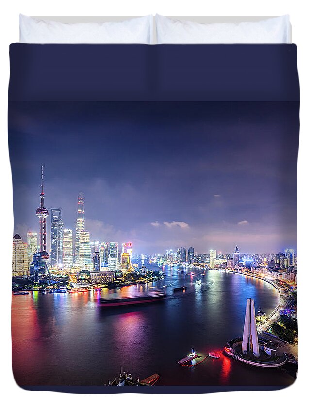 Downtown District Duvet Cover featuring the photograph Shanghai Skyline At Night by Yongyuan Dai