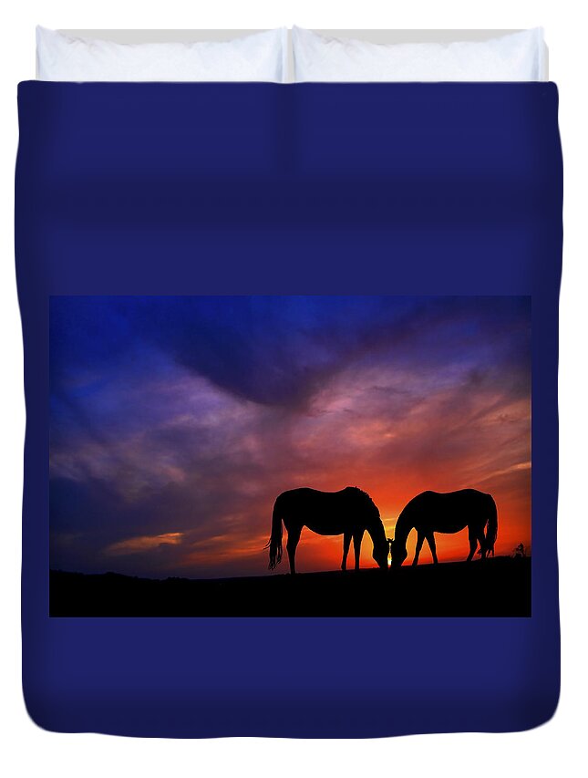 Horses Duvet Cover featuring the photograph Sharing supper by Stuart Harrison