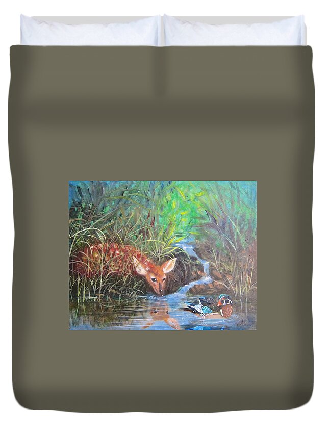 Deer Duvet Cover featuring the painting Sharing the Pond by Sherry Strong