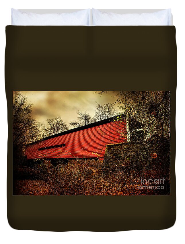 Covered Bridge Duvet Cover featuring the photograph Sheeder Hall Covered Bridge 2 by Judy Wolinsky