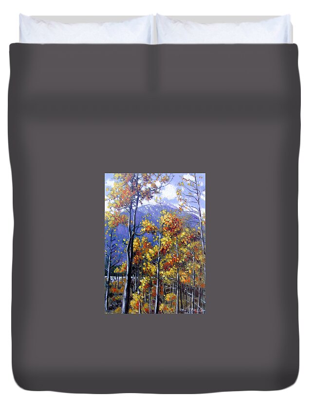 Aspens Duvet Cover featuring the painting Shimmering Aspens by John Lautermilch