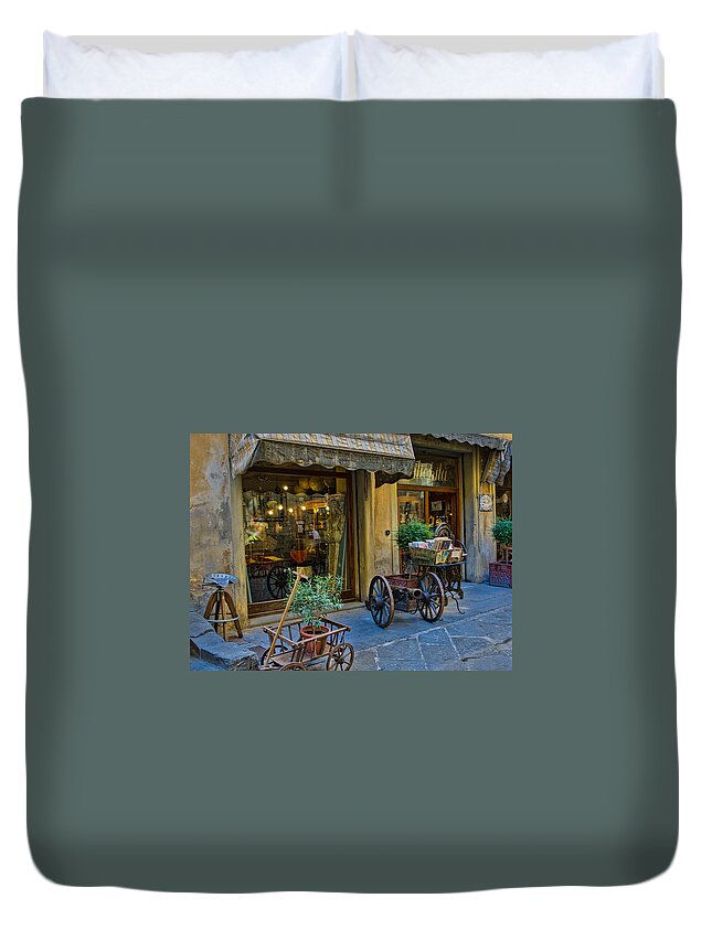 Italy Duvet Cover featuring the photograph Shop in Cortona Italy by Weir Here And There