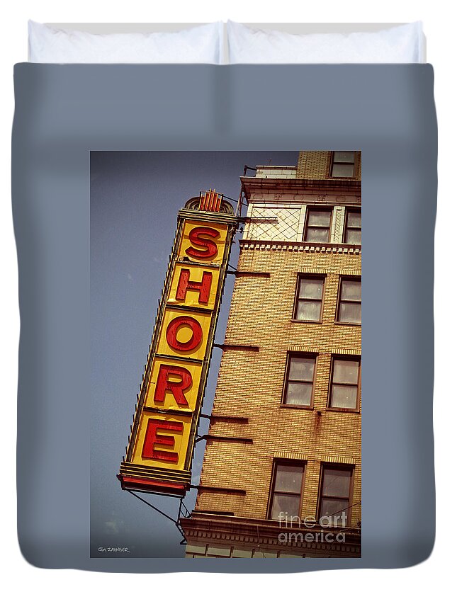 Shore Building Duvet Cover featuring the digital art Shore Building Sign - Coney Island by Jim Zahniser