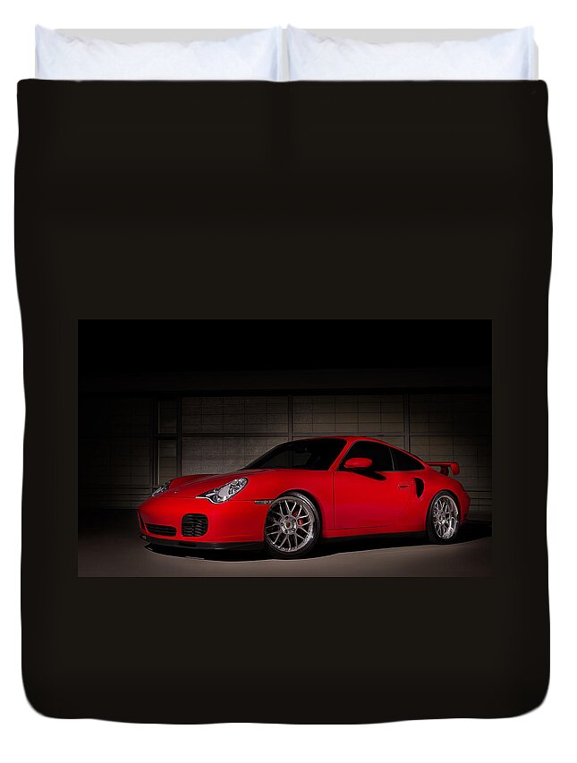 Red Duvet Cover featuring the digital art Shot in the Dark by Douglas Pittman