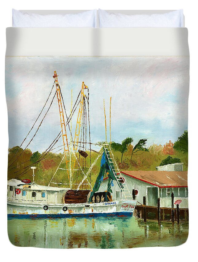 Shrimp Boat Duvet Cover featuring the painting Shrimp Boat at Dock by Jill Ciccone Pike