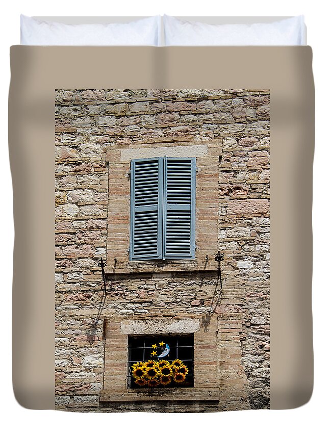 Assisi Duvet Cover featuring the photograph Shutters and Flowers by Roger Mullenhour