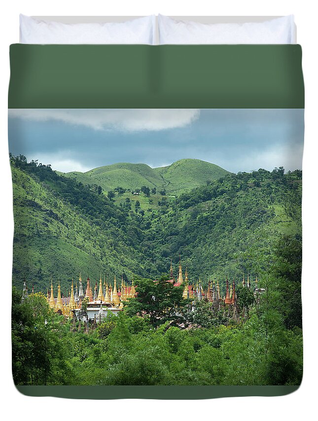 Hiding Duvet Cover featuring the photograph Shwe Indein Pagoda Complex On Inle by Cultura Exclusive/yellowdog