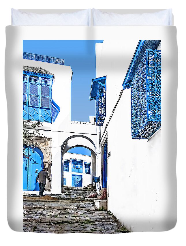 Arabic Duvet Cover featuring the photograph Old Man on Stairs by Maria Coulson