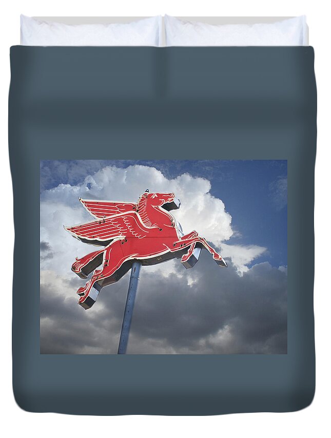 Advertising Duvet Cover featuring the photograph Sign of the Flying Red Horse by David and Carol Kelly