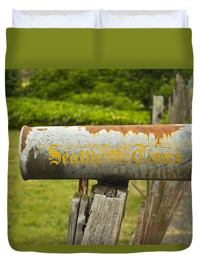 Newspaper Holder Duvet Cover featuring the photograph Sign of the Times Seattle Times by Cathy Anderson