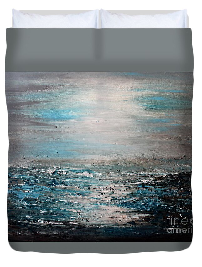 Turquoise Blue Painting Duvet Cover featuring the painting Silent sea by Preethi Mathialagan