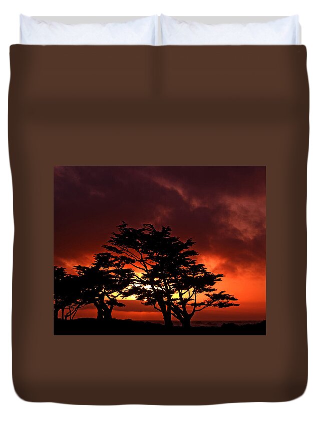 Sunset Duvet Cover featuring the photograph Silhouetted Cypresses by Bill Gallagher