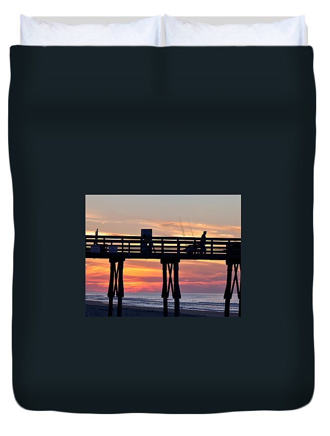 Fishing Duvet Cover featuring the photograph Silhouetted Fisherman On Ocean Pier At Sunrise by Jo Ann Tomaselli