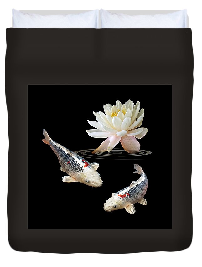 Fish Duvet Cover featuring the photograph Silver And Red Koi With Water Lily Square by Gill Billington