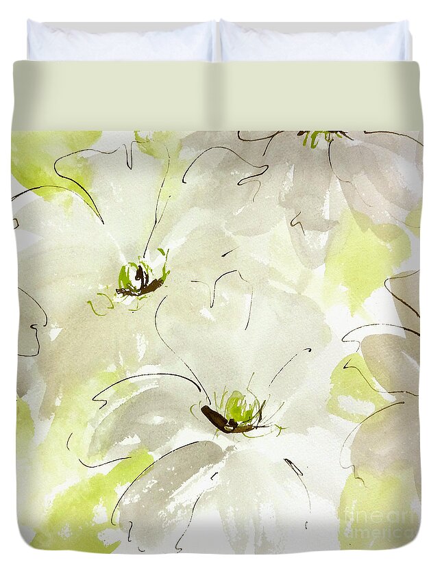 Original And Printed Watercolors Duvet Cover featuring the painting Silver Clematis by Chris Paschke