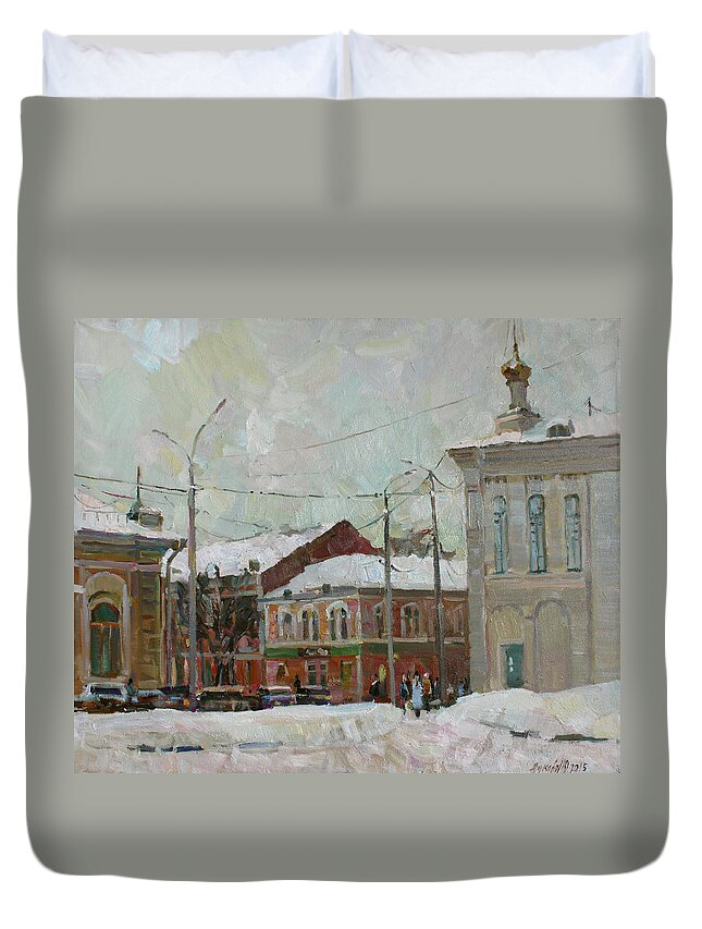 City Duvet Cover featuring the painting Silver day by Juliya Zhukova