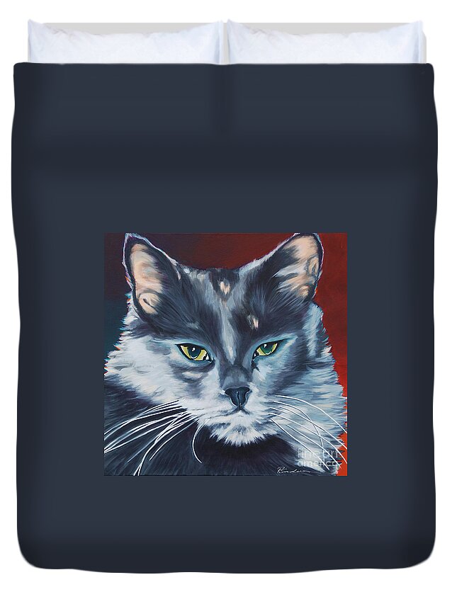 Animals Duvet Cover featuring the painting Silver Grey Cat Portrait by Robyn Saunders
