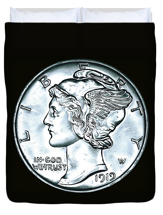 Coin Duvet Cover featuring the drawing Black Silver Mercury Dime by Fred Larucci