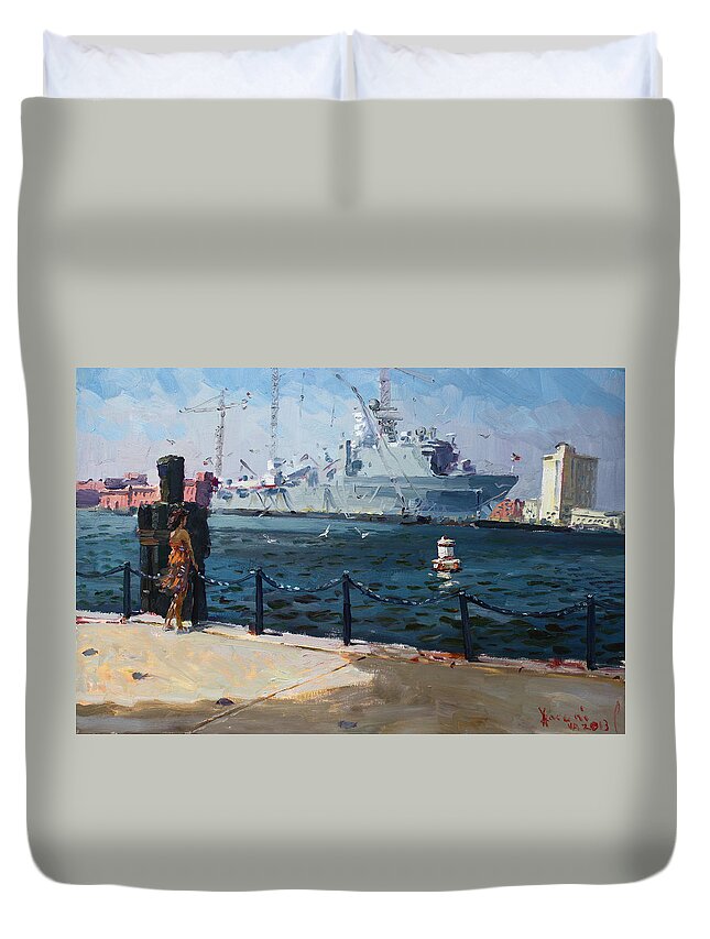 Harbor Duvet Cover featuring the painting Silver Morning by Ylli Haruni