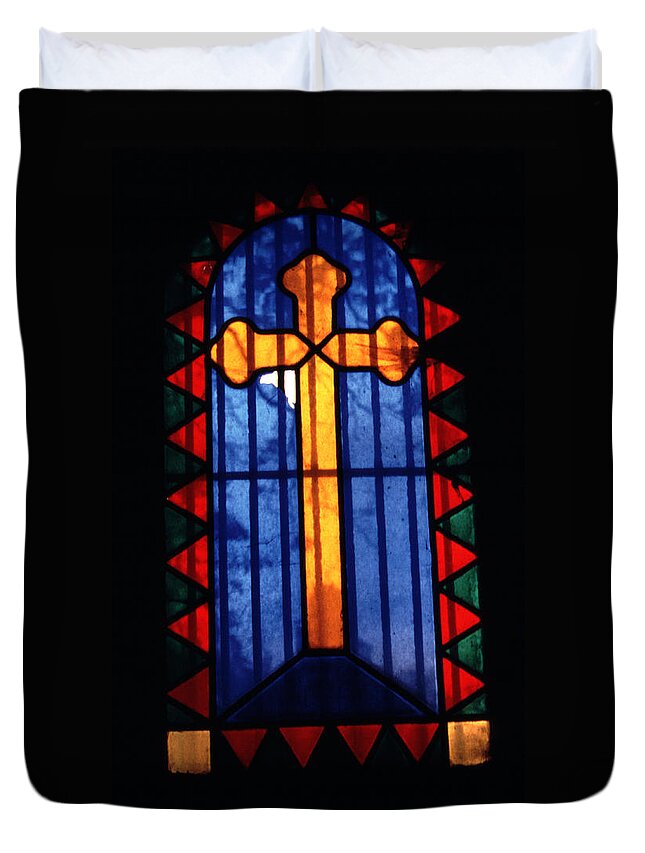 Moving Duvet Cover featuring the photograph Simple Stain Glass Cross Pere Lachaise Paris by Tom Wurl