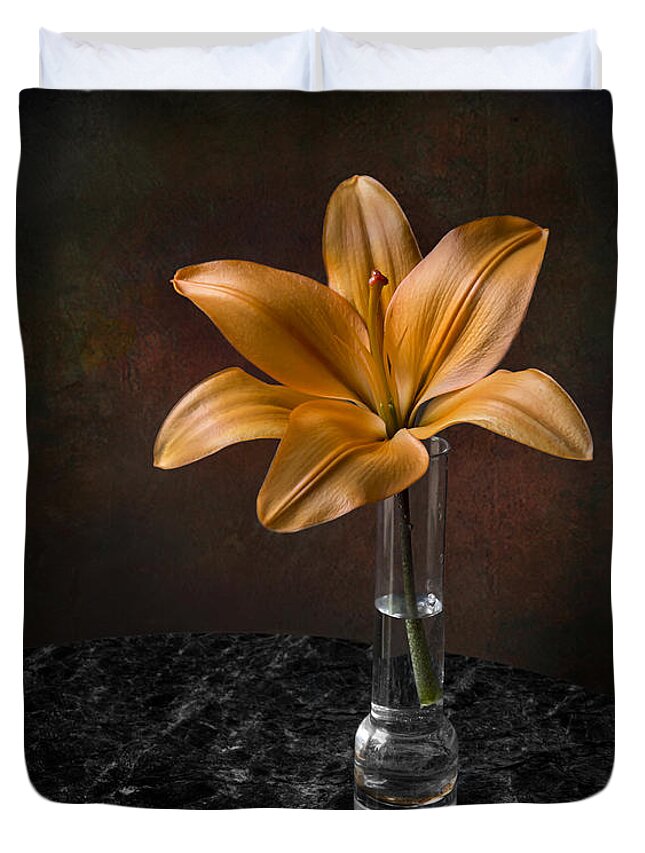 Flower Duvet Cover featuring the photograph Single Asiatic Lily in Vase by Endre Balogh