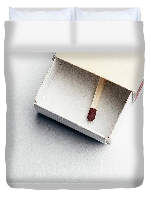Two Objects Duvet Cover featuring the photograph Single Match In Matchbox by Larry Washburn