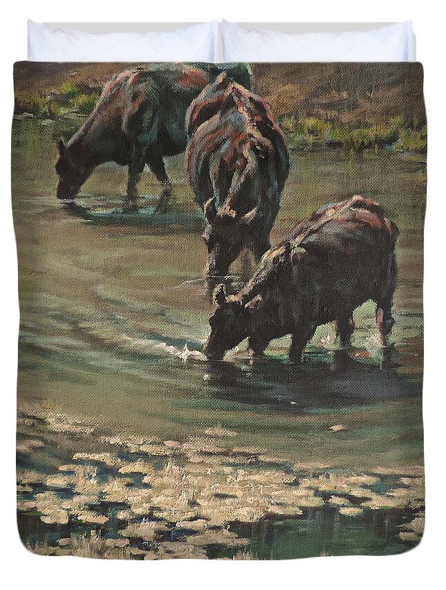 Cows Bovine Duvet Cover featuring the painting Sip N Dip by Mia DeLode