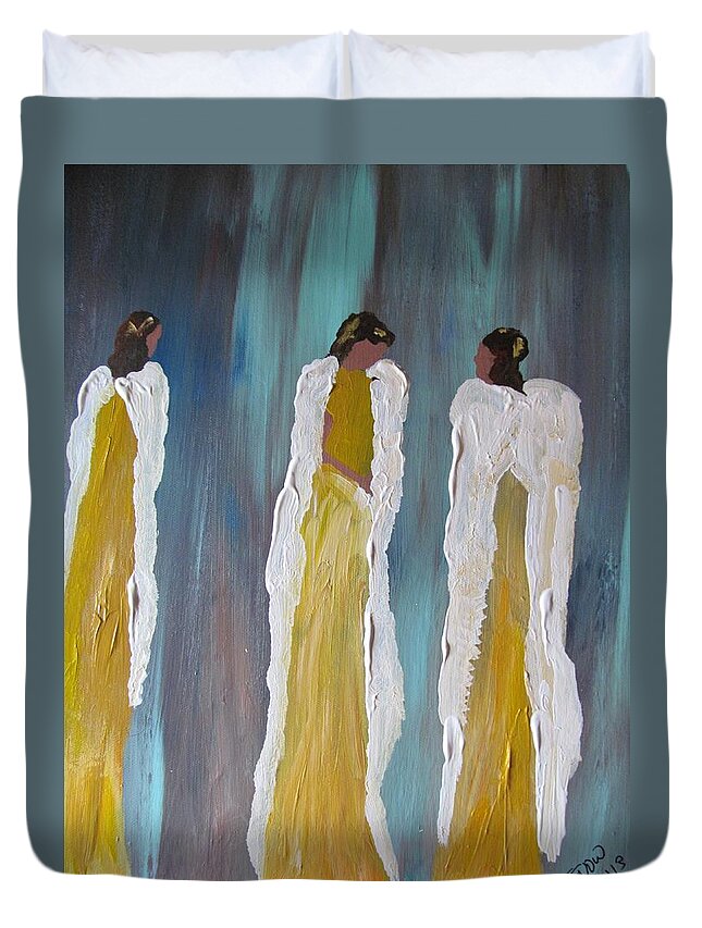 Three Women Duvet Cover featuring the painting Sisters by Susan Voidets