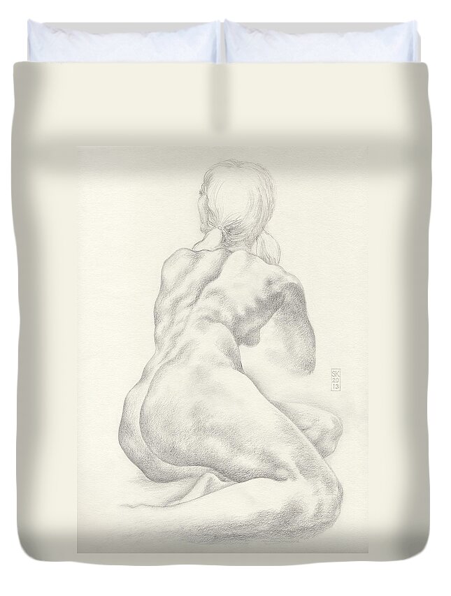 Female Nude Duvet Cover featuring the drawing Sitting Female Nude in 4B Graphite with Twin Pony Tails Seen from Behind Looking Up to Her Left by Scott Kirkman