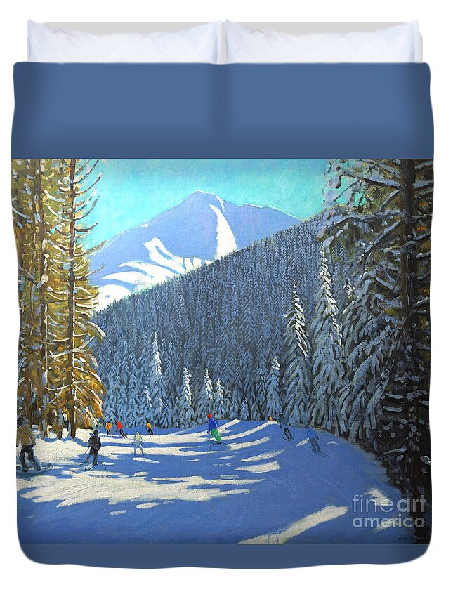 Winter Duvet Cover featuring the painting Skiing Beauregard La Clusaz by Andrew Macara
