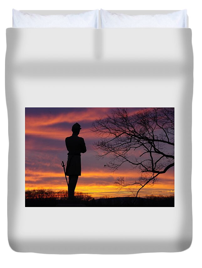 Civil War Duvet Cover featuring the photograph Sky Fire - 124th NY Infantry Orange Blossoms-1A Sickles Ave Devils Den Sunset Autumn Gettysburg by Michael Mazaika