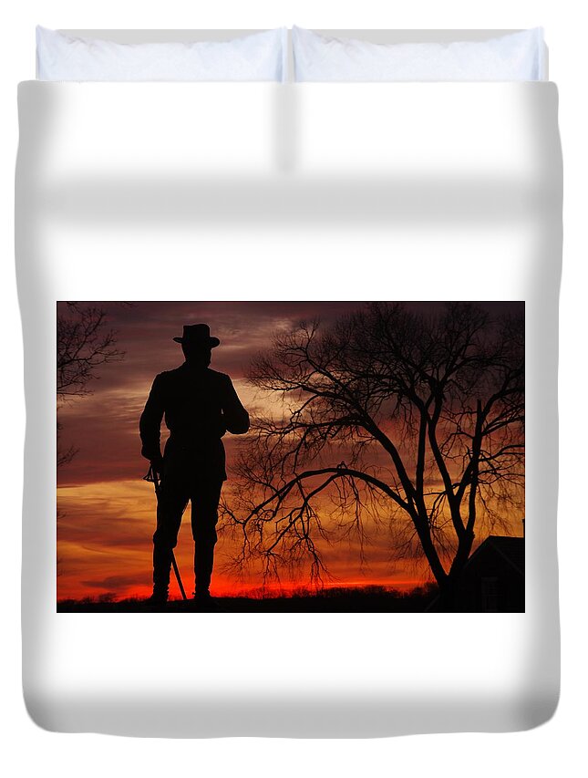 Civil War Duvet Cover featuring the photograph Sky Fire - Brigadier General John Buford - Commanding First Division Cavalry Corps Sunset Gettysburg by Michael Mazaika