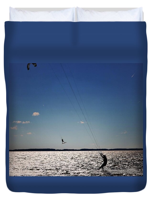 Kiteboarding Duvet Cover featuring the photograph Sky Jockey by Robert McCubbin