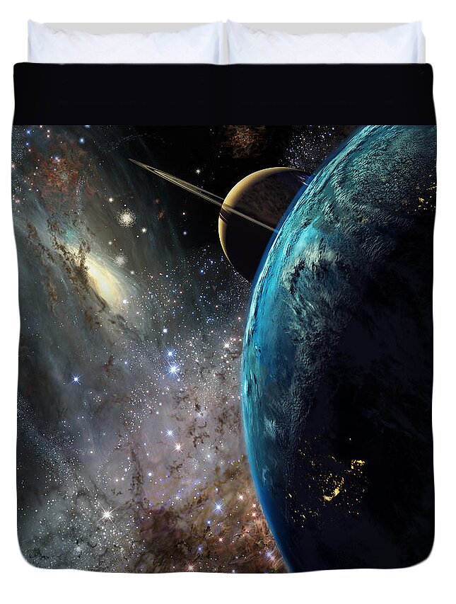 Space Duvet Cover featuring the painting Galaxies Collide Over Terraformed Titan by Don Dixon