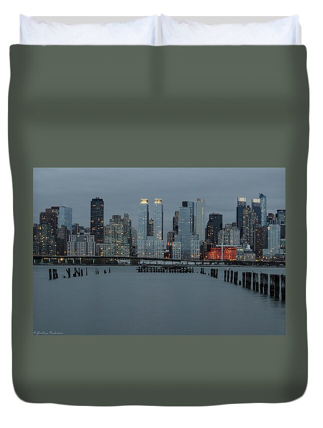 Blue Duvet Cover featuring the photograph Skyline by the Pier by GeeLeesa Productions