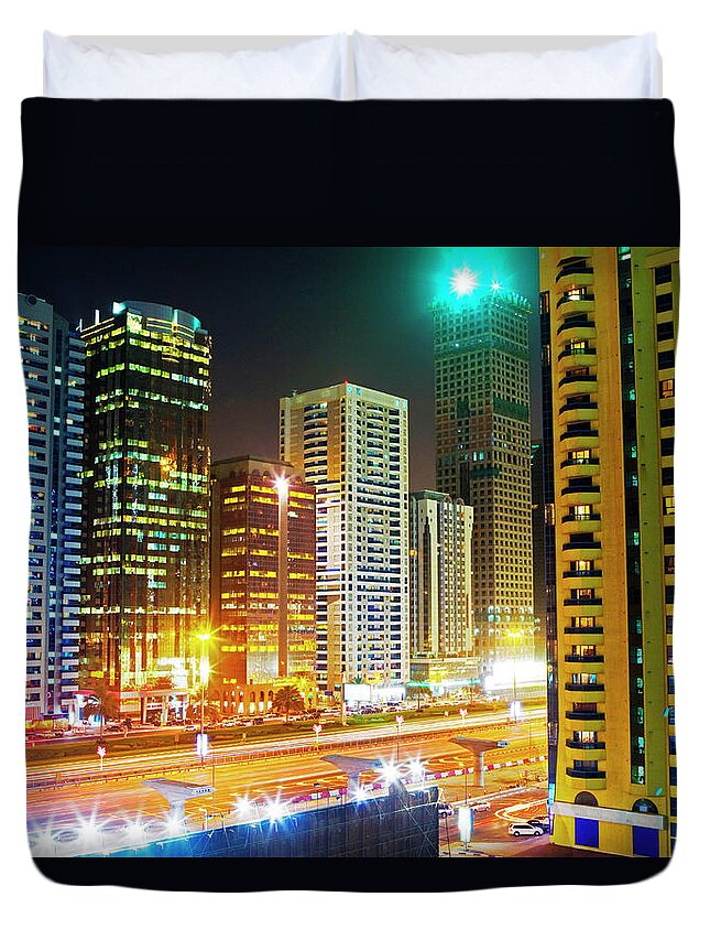 Tranquility Duvet Cover featuring the photograph Skyscrapers On Sheikh Zayed Road, Night by Scott E Barbour