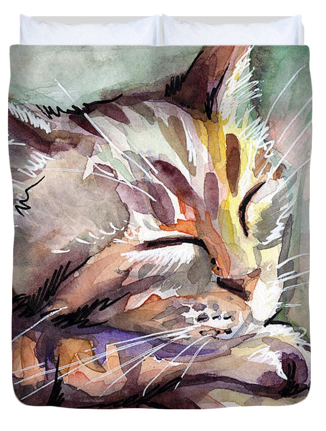 Sleeping Cat Duvet Cover featuring the painting Sleeping Kitten by Olga Shvartsur