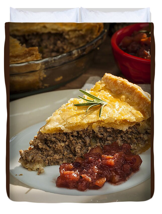 Meat Duvet Cover featuring the photograph Slice of Tourtiere meat pie close up by Elena Elisseeva