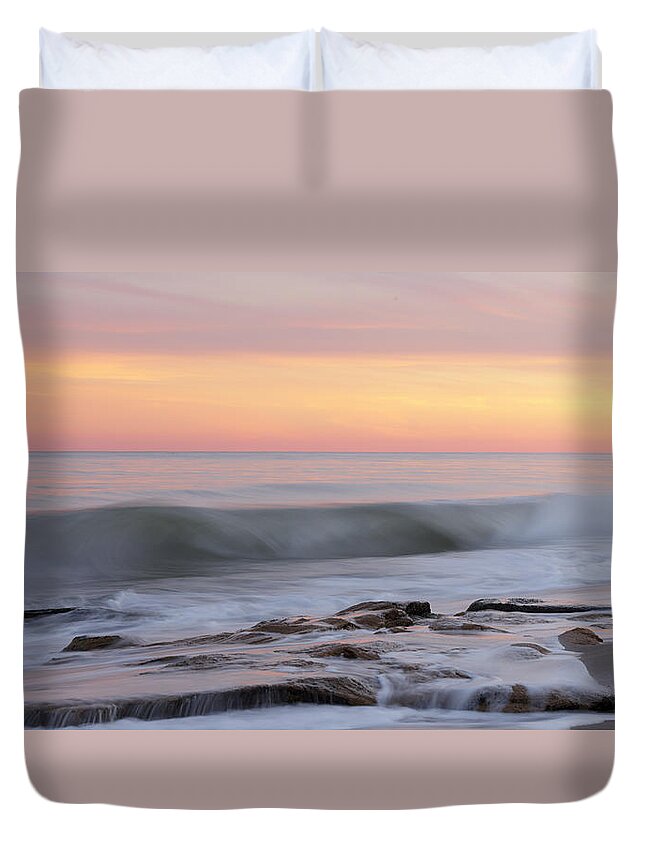 Beach Duvet Cover featuring the photograph Slow Motion Wave At Colorful Sunset by Jo Ann Tomaselli