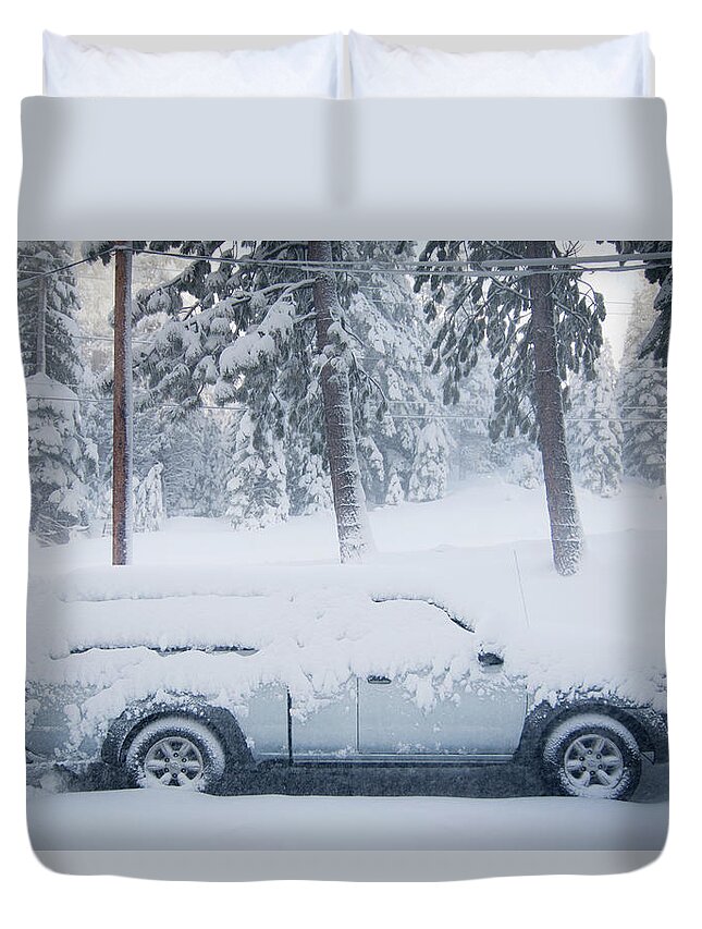 Snow Duvet Cover featuring the photograph Small Truck Covered In Snow In A by Laura Ciapponi / Design Pics